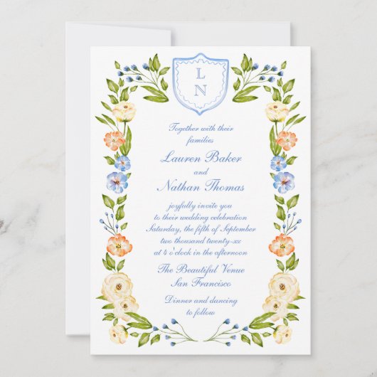 Floral Crest Frame Wedding Invitation 招待状 (正面)