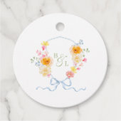 Floral Crest Monogram Blue Bow Spring Wedding フェイバータグ (正面)
