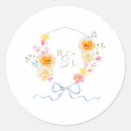 Floral Crest Monogram Blue Bow Spring Wedding ラウンドシール