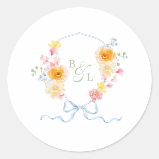 Floral Crest Monogram Blue Bow Spring Wedding ラウンドシール (正面)
