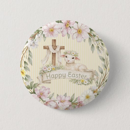 Floral Cross and Lamb | Happy Easter 缶バッジ (正面)