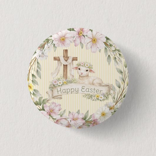 Floral Cross and Lamb | Happy Easter 缶バッジ (正面)