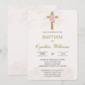 Floral cross beige baptism 招待状 (正面/裏面)