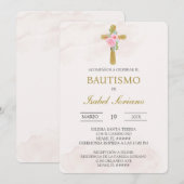 Floral cross beige Spanish baptism 招待状 (正面/裏面)