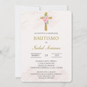 Floral cross beige Spanish baptism 招待状 (正面)