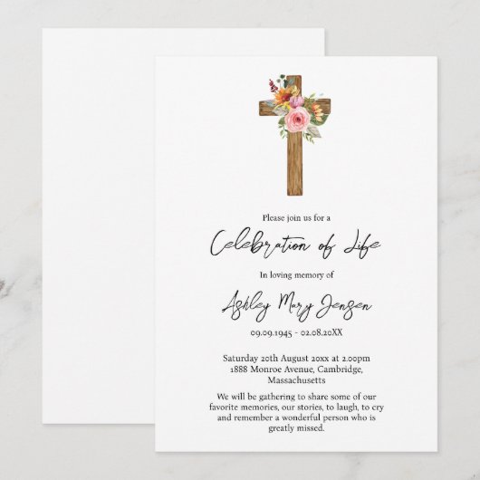 Floral Cross Celebration of Life Funeral 招待状 (正面/裏面)