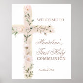 floral cross First Communion welcome sign ポスター (正面)