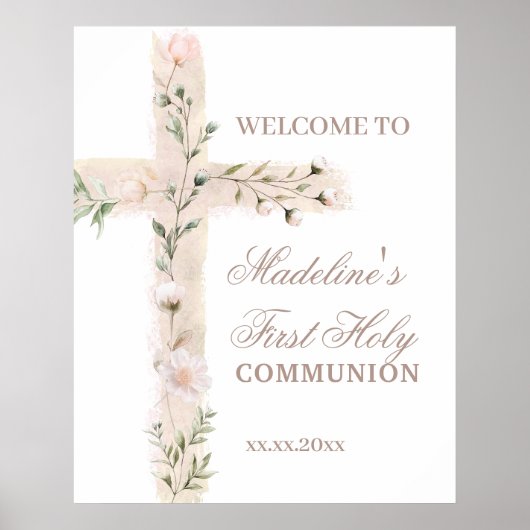 floral cross First Communion welcome sign ポスター (正面)
