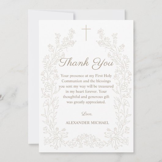 Floral Cross First Holy Communion  サンキューカード (正面)