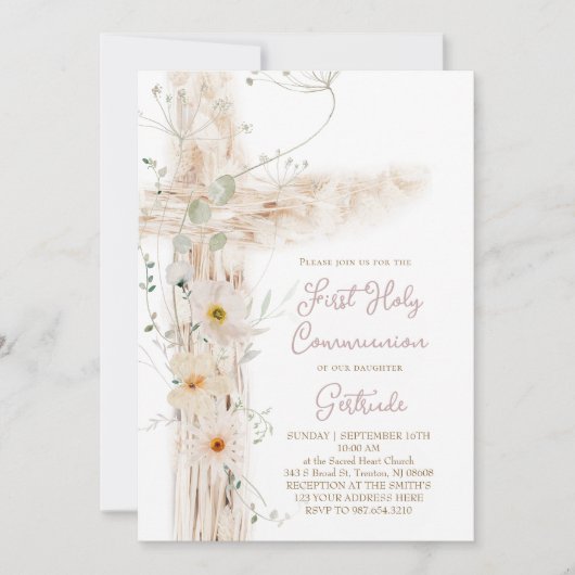 floral cross First Holy Communion 招待状 (正面)