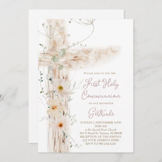 floral cross First Holy Communion 招待状 (正面/裏面)