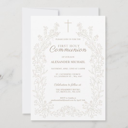 Floral Cross First Holy Communion Religious 招待状 (正面)