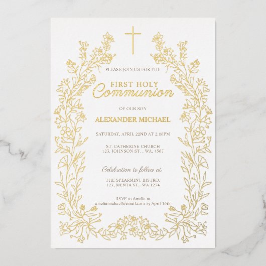 Floral Cross First Holy Communion Religious 箔招待状 (正面)