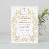 Floral Cross First Holy Communion Religious 箔招待状 (立ち正面)