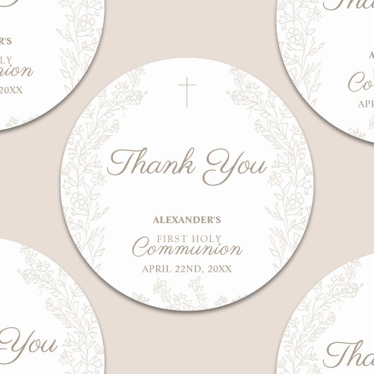 Floral Cross First Holy Communion Thank You ラウンドシール