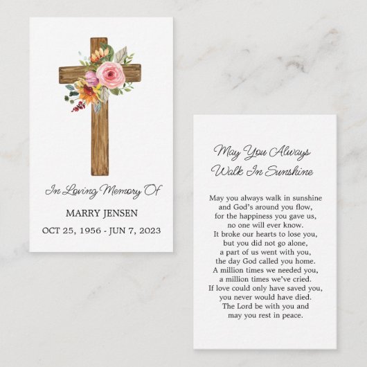 Floral Cross Memorial Funeral Prayer Card 名刺 (正面/裏面)