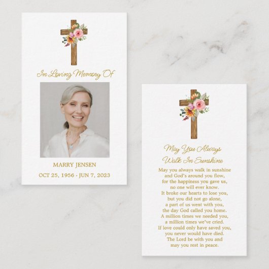 Floral Cross Memorial Photo Funeral Prayer Card 名刺 (正面/裏面)