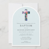 Floral Cross Modern Catholic Custom Photo Baptism 招待状 (正面)