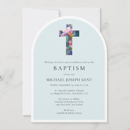 Floral Cross Modern Catholic Custom Photo Baptism 招待状 (正面)