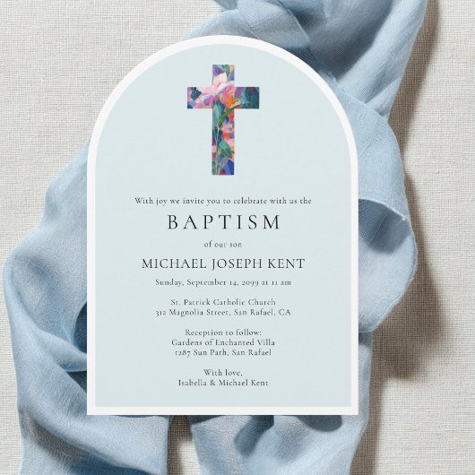 Floral Cross Modern Catholic Custom Photo Baptism 招待状