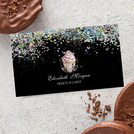 Floral Cupcake Colorful Confetti, Black  名刺