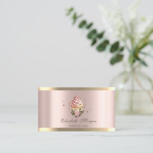 Floral Cupcakes Gold Stripe Rose Gold Bakery 名刺 (スタンド正面)