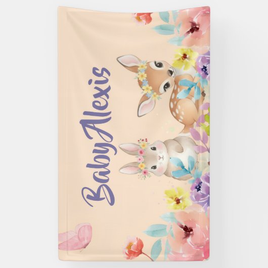 Floral cute animal baby shower backdrop 横断幕 (縦)
