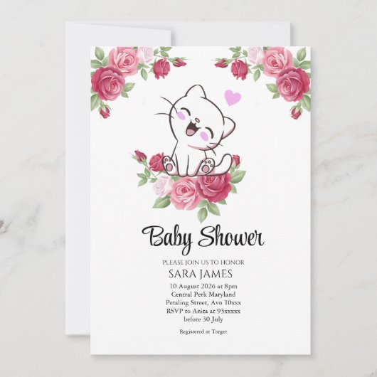 Floral Cute Cat Baby Shower Invitation 招待状 (正面)