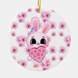Floral cute pink rabbit easter セラミックオーナメント