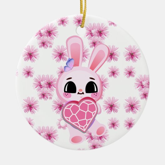 Floral cute pink rabbit easter セラミックオーナメント (正面)
