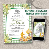 Floral Cute Sage Green Gingham Ramadan Iftar 招待状