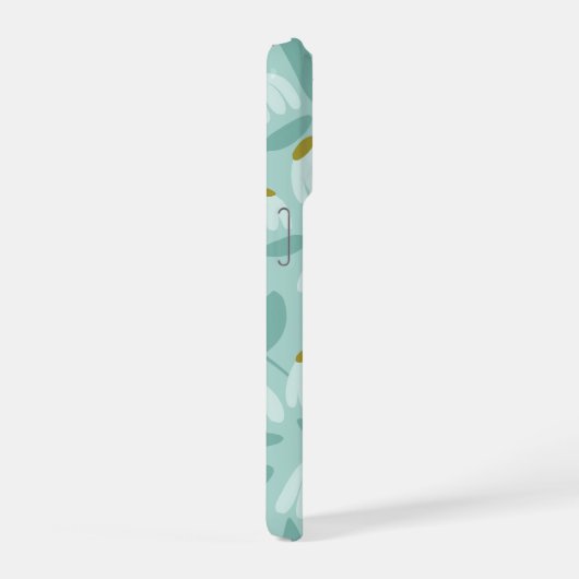 Floral Daisies Pattern Teal Blue & Olive Green iPhoneケース (右側面)