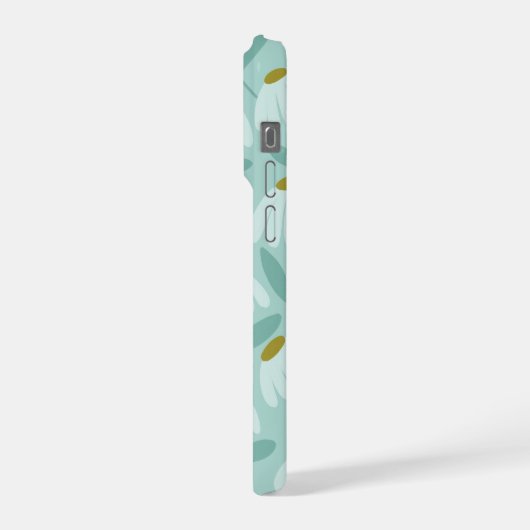 Floral Daisies Pattern Teal Blue & Olive Green iPhoneケース (左側面)