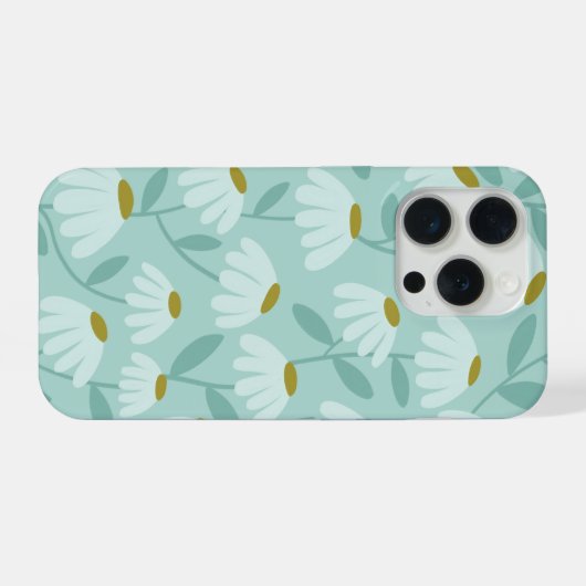 Floral Daisies Pattern Teal Blue & Olive Green iPhoneケース (裏面横)