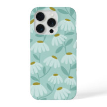 Floral Daisies Pattern Teal Blue & Olive Green