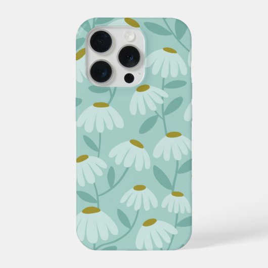 Floral Daisies Pattern Teal Blue & Olive Green iPhoneケース (裏面)