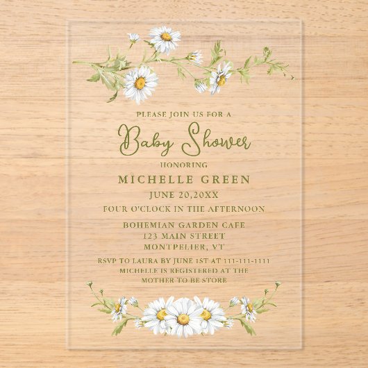Floral Daisy Garden Botanical Baby Shower アクリル招待状 (正面)