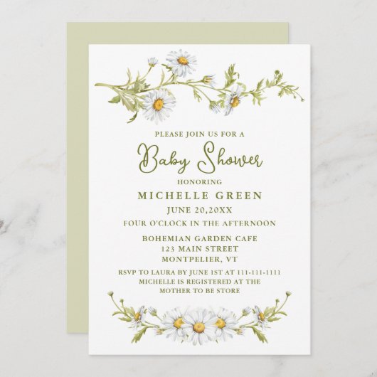 Floral Daisy Garden Botanical Baby Shower 招待状 (正面/裏面)