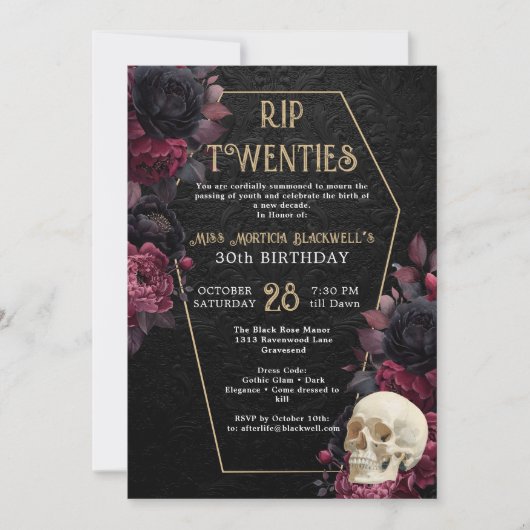 floral Damask RIP Twenties Gothic 30th Birthday 招待状 (正面)