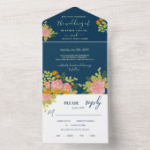 Floral Dark Navy Blue Wedding Botanic オールインワン招待状 (内側)