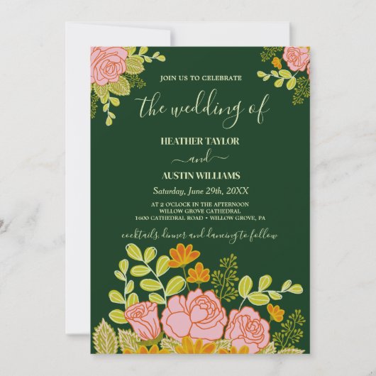 Floral Dark Navy Blue Wedding invitation Botanical 招待状 (正面)