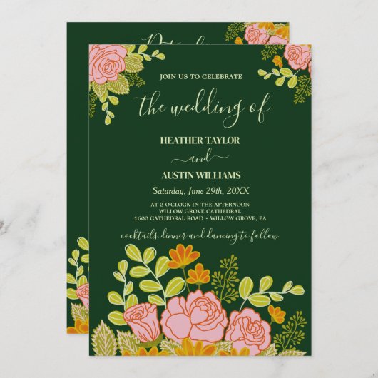 Floral Dark Navy Blue Wedding invitation Botanical 招待状 (正面/裏面)