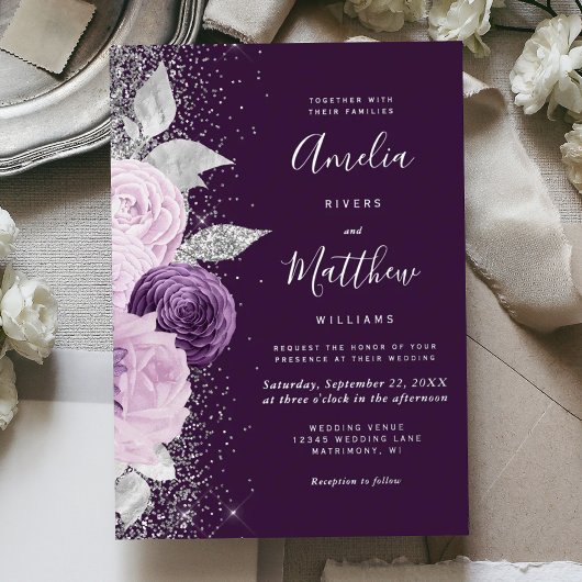 Floral Deep Purple Silver Glitter Wedding 箔招待状