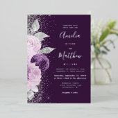 Floral Deep Purple Silver Glitter Wedding 箔招待状 (立ち正面)