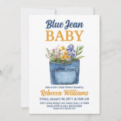 Floral Denim Pocket Yellow Blue Jean Baby Shower 招待状 (正面)