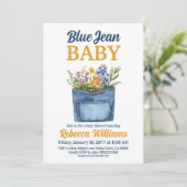 Floral Denim Pocket Yellow Blue Jean Baby Shower 招待状 (スタンド正面)