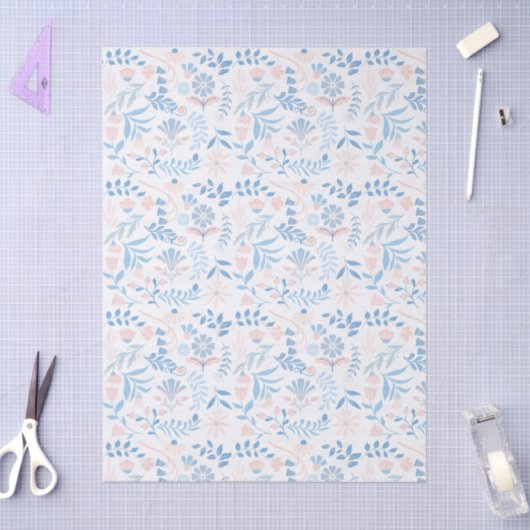 Floral design boho block print blue pink girly 薄葉紙 (クラフト)