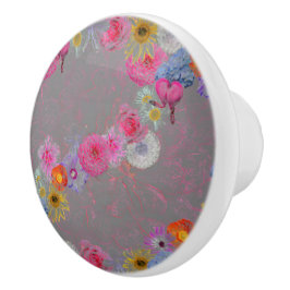 Floral design in gray and pastel セラミックノブ