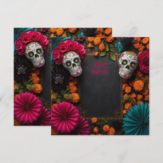 Floral dia de los muertos sugar skull 招待状 (正面/裏面)