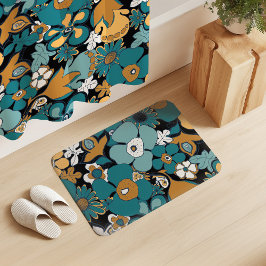 Floral Doodles Aqua Teal Mustard Black White バスマット